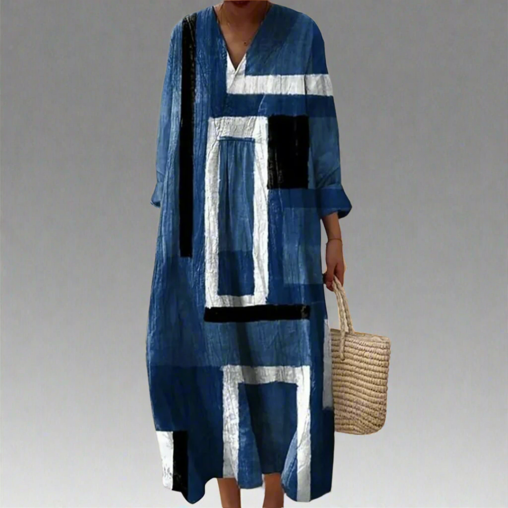 Evelyn | Abstract Navy Blue Loose-Fit Maxi Dress