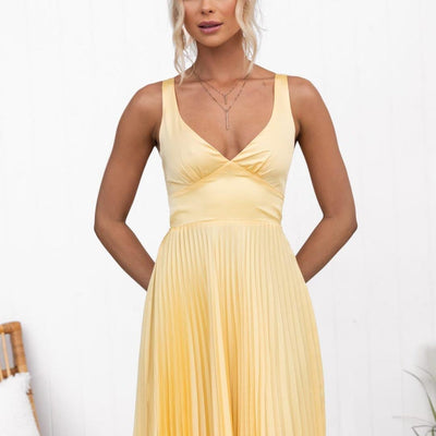Rosemary™ | Yellow Pleated V-Neck Maxi Dress