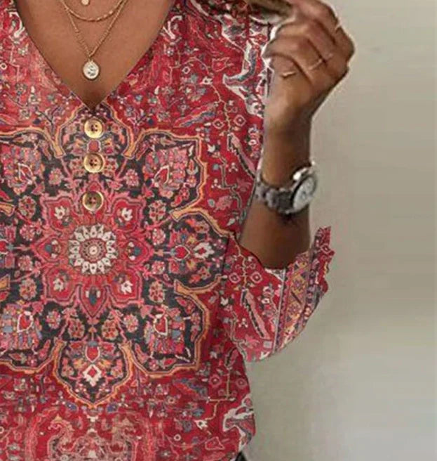 Red Print 3/4 Sleeve V-Neck Top