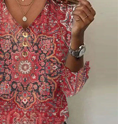 Red Print 3/4 Sleeve V-Neck Top