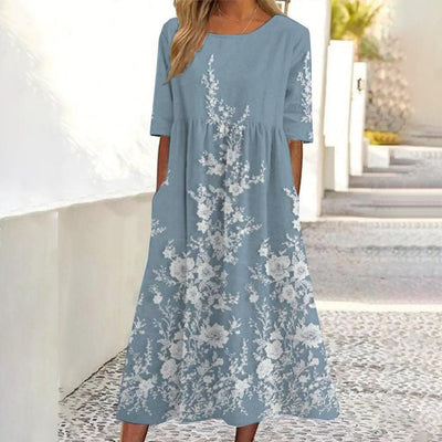Blue Round Neck Short Sleeve Midi Dress