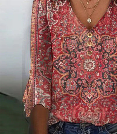Red Print 3/4 Sleeve V-Neck Top